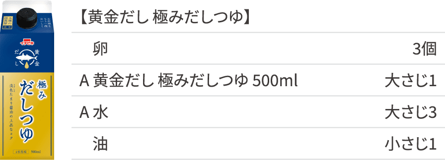 【黄金だし 極みだしつゆ】卵 3個 A黄金だし極みだしつゆ500ml 大さじ1 A水 大さじ3 油 小さじ1