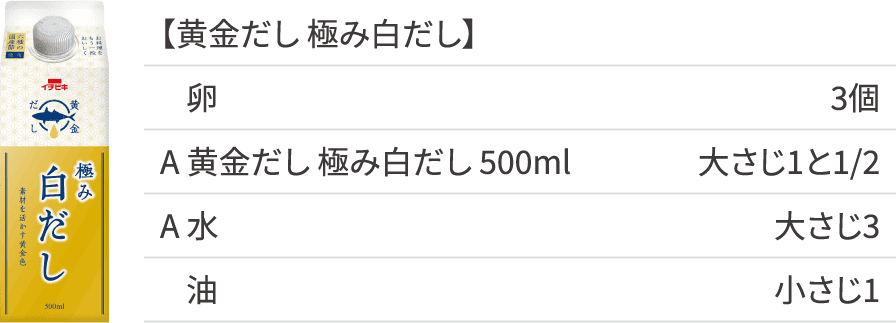 【黄金だし 極み白だし】卵 3個 A黄金だし極み白だし500ml 大さじ1と1/2 A水 大さじ3 油 小さじ1