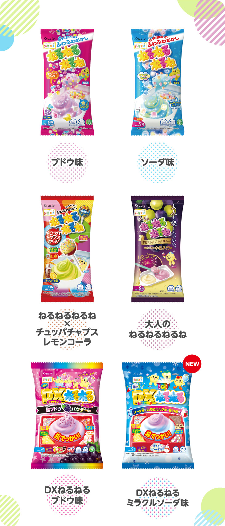 ブドウ味、ソーダ味、ねるねるねるね×チュッパチャプスレモンコーラ、大人のねるねるねるね、DXねるねるブドウ味、DXねるねるミラクルソーダ味