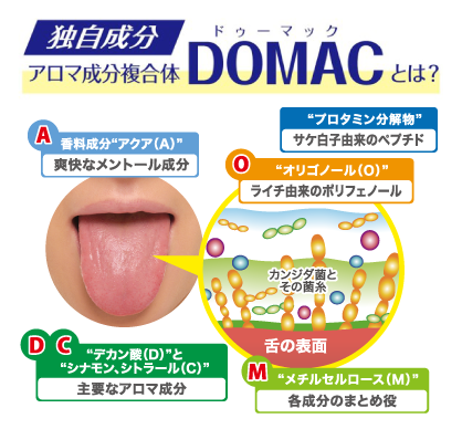 独自成分アロマ成分複合体 DOMAC ドゥーマックとは? A香料成分“アクア(A)”爽快なメントール成分 “プロタミン分解物”サケ白子由来のペプチド O“オリゴノール(O)”ライチ由来のポリフェノール DC“デカン酸(D)”と“シナモン、シトラール(C)”主要なアロマ成分 M“メチルセルロース(M)”各成分のまとめ役